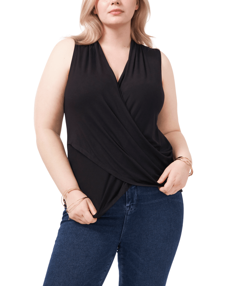 Front of a model wearing a size 0X Brenna Cross Front Top in RICH BLACK by 1.State. | dia_product_style_image_id:262388